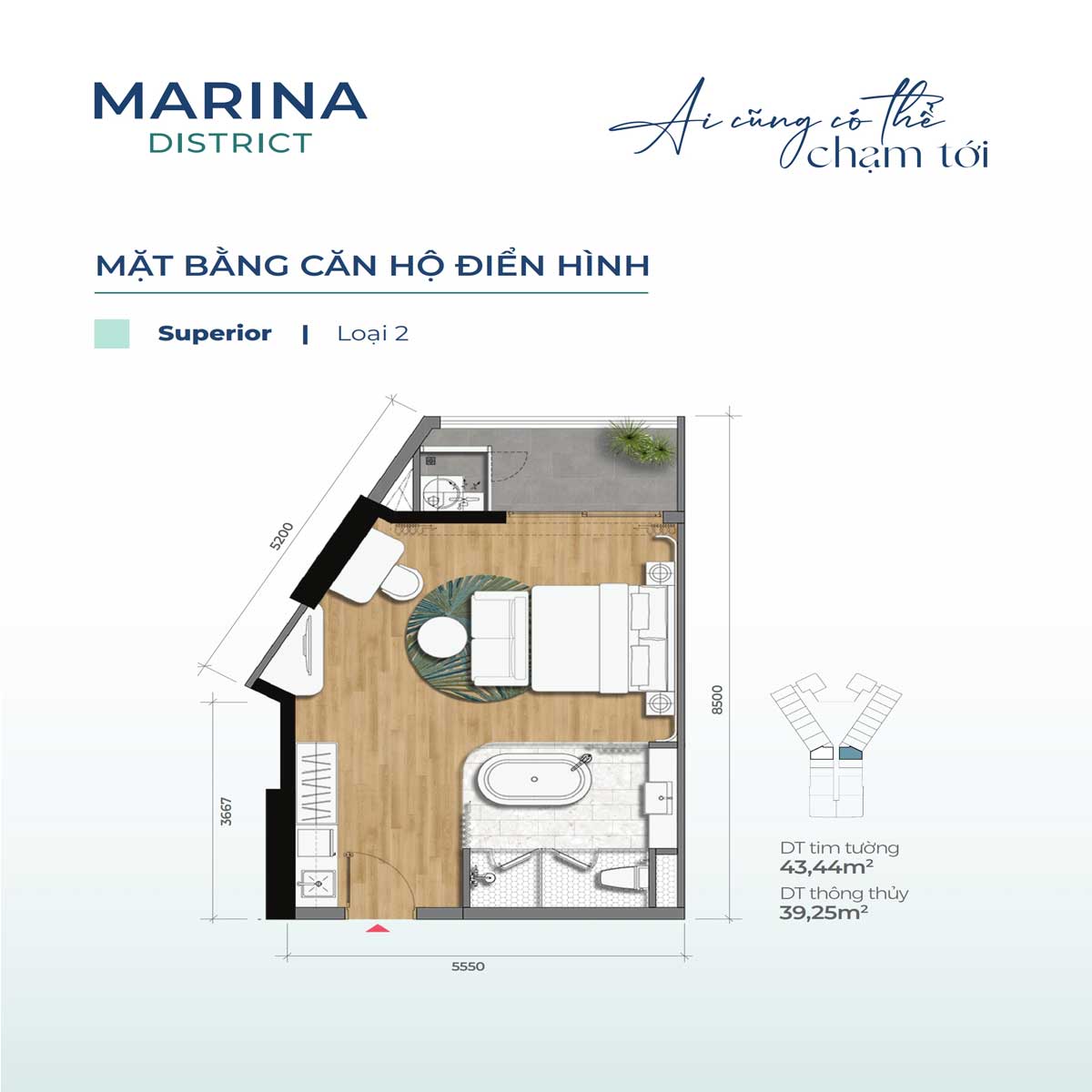 Apartment floor plan 43.44m2 Marina District - Marina District Quy Nhon