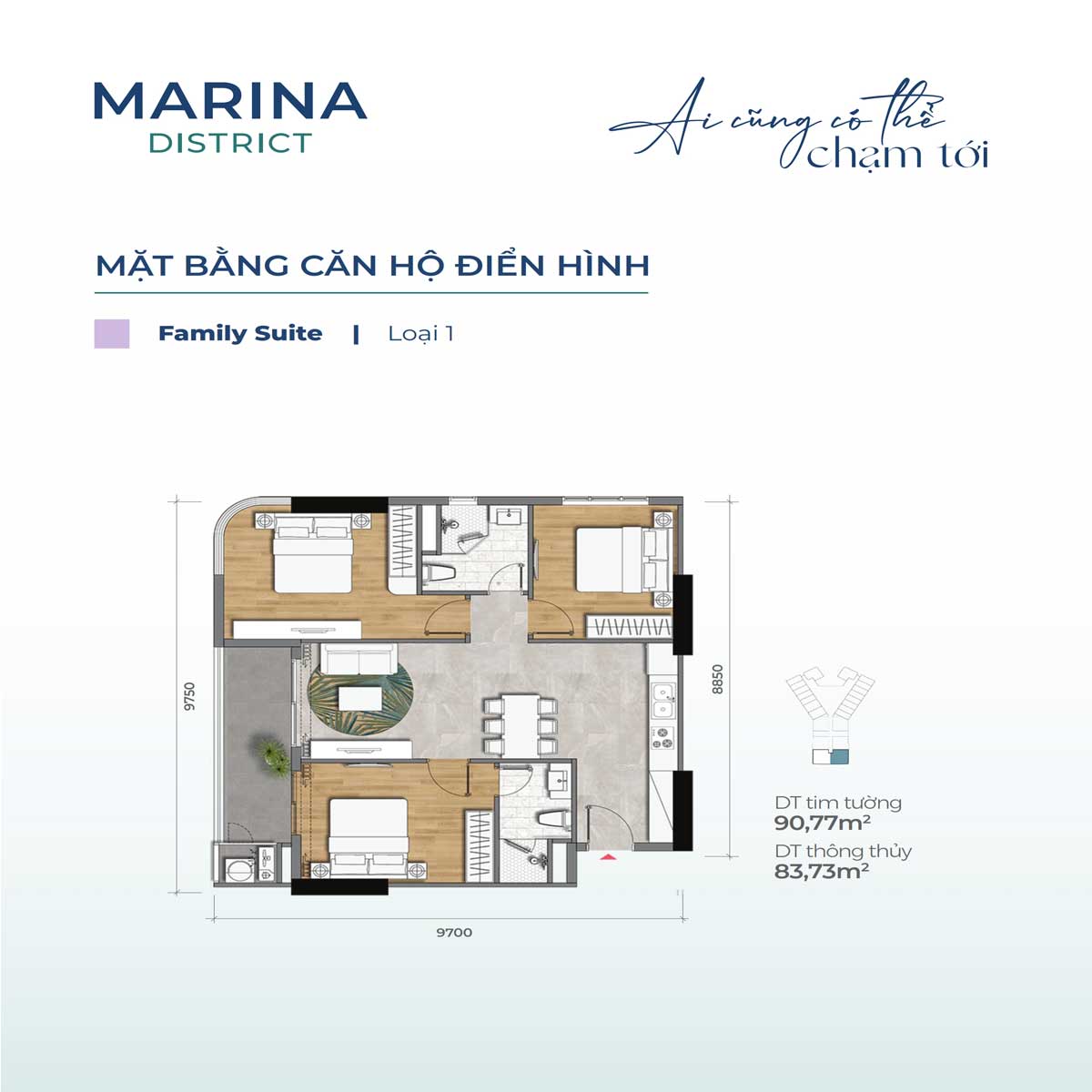 Apartment floor plan 90.77m2 Marina District - Marina District Quy Nhon