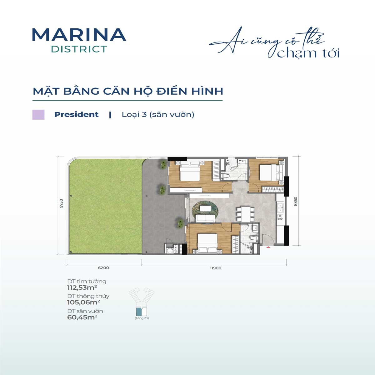 Floor plan of Garden Apartment 112.53m2 Marina District - Marina District Quy Nhon